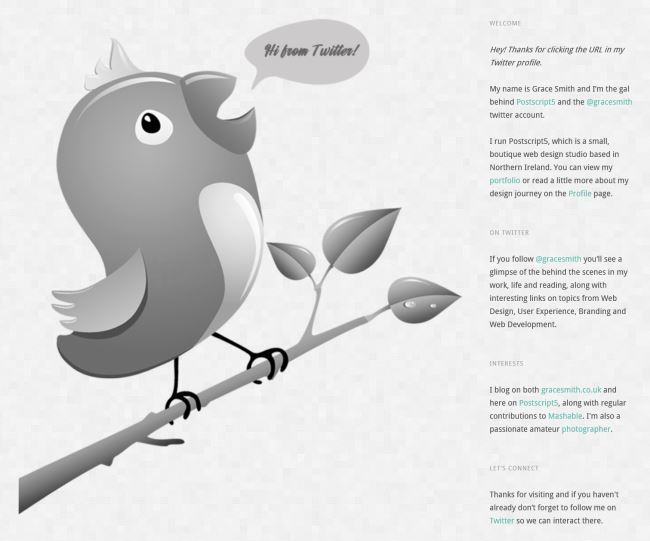 Twitter Marketing Ideas for Freelance Creatives. Grace Smith's Twitter Welcome Page.