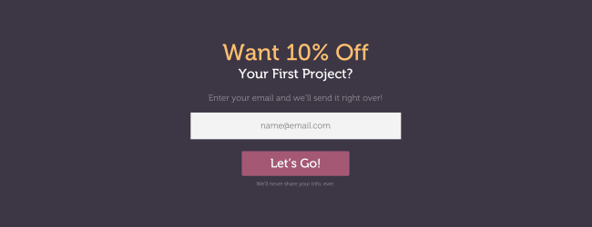 Build Your Email List With a First-Time Discount. Reliable PSD's full-width bar offering 10% off potential clients first project. Click to visit Reliable PSD!